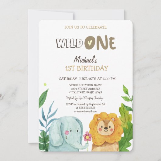 Wilde dieren Elephant Lion verlaat 1e verjaardag Kaart (Voorkant)