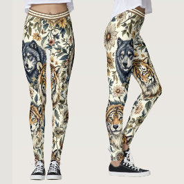  wilde dieren en bloemmotief op wit leggings