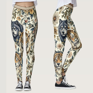 wilde dieren en bloemmotief op wit leggings