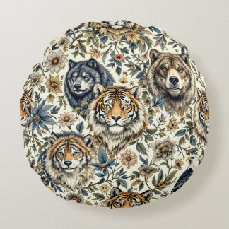 wilde dieren en bloemmotief op wit rond kussen