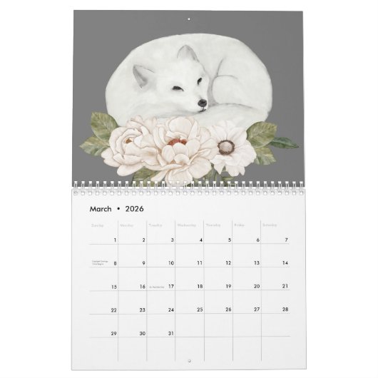 Wilde dieren Grijze Floral Winter Waterverf Kalender (Mar 2026)