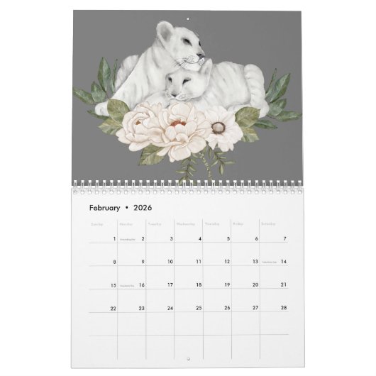 Wilde dieren Grijze Floral Winter Waterverf Kalender (Feb 2026)