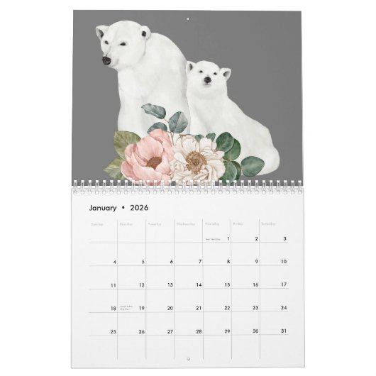 Wilde dieren Grijze Floral Winter Waterverf Kalender (Jan 2026)