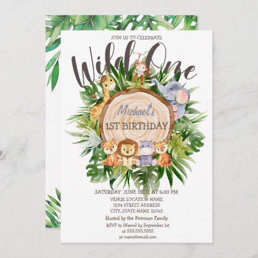 Wilde dieren Hout Glitter Birthday Invitation Kaart (Voorkant / Achterkant)