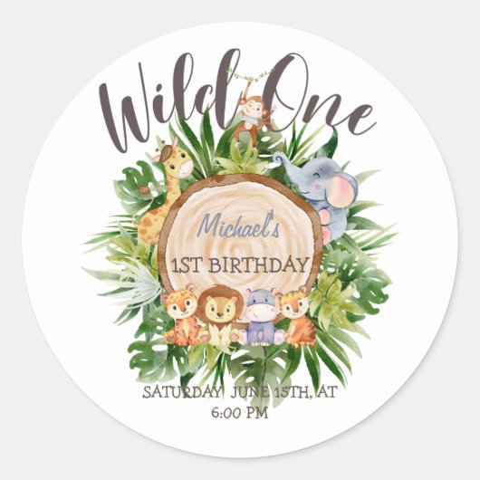 Wilde Dieren Houten Verjaardag   Ronde Sticker (Voorkant)
