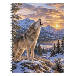 Wilde dieren huilende grijze wolf berg zonsonderga notitieboek