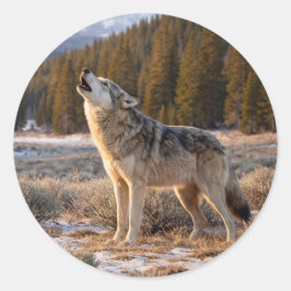 Wilde Dieren Huilende Grijze Wolf Wildernis Scène Ronde Sticker
