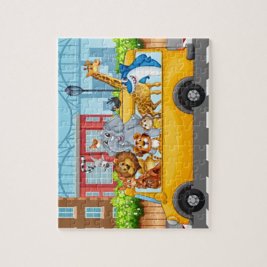 Wilde dieren in schoolbus legpuzzel (Verticaal)