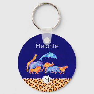 Wilde dieren met een luipaard printrandmonogram sleutelhanger