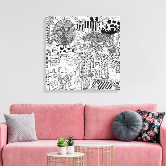 Wilde dieren Modern Black and White Hand Drawn Art Canvas Afdruk (Insitu (Woonkamer))