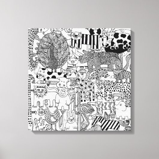 Wilde dieren Modern Black and White Hand Drawn Art Canvas Afdruk (Voorkant)