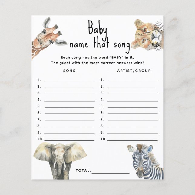 Wilde dieren - Noem dat liedje baby shower spel (Voorkant)