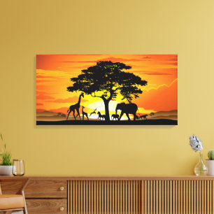 Wilde dieren op Afrikaanse savanne zonsondergang Canvas Afdruk