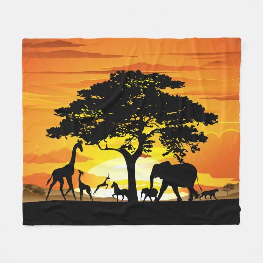 Wilde dieren op Afrikaanse savanne zonsondergang Fleece Deken (Voorkant (Horizontaal))
