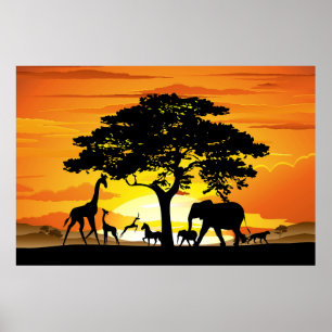 Wilde dieren op Afrikaanse savanne zonsondergang Poster
