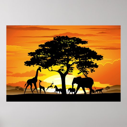 Wilde dieren op Afrikaanse savanne zonsondergang Poster (Voorkant)