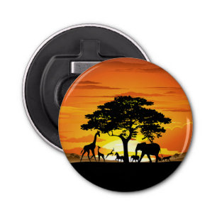 Wilde dieren op de Afrikaanse Savanna Sunset Button Flesopener