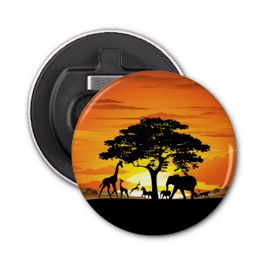 Wilde dieren op de Afrikaanse Savanna Sunset Button Flesopener (Voorkant)