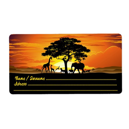 Wilde dieren op de Afrikaanse Savanna Sunset Etiket (Voorkant)