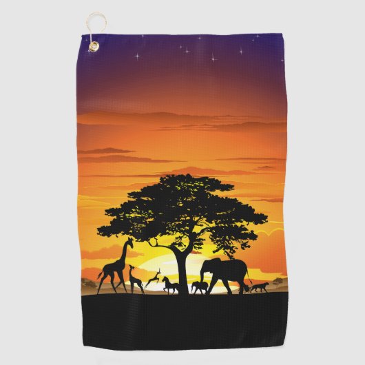 Wilde dieren op de Afrikaanse Savanna Sunset Golfhanddoek (Voorkant)