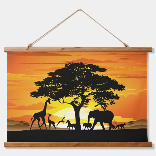 Wilde dieren op de Afrikaanse Savanna Sunset Hangend Wandkleed (Voorkant)
