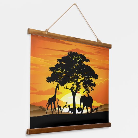 Wilde dieren op de Afrikaanse Savanna Sunset Hangend Wandkleed (Gebogen)