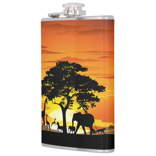 Wilde dieren op de Afrikaanse Savanna Sunset Heupfles (Links)