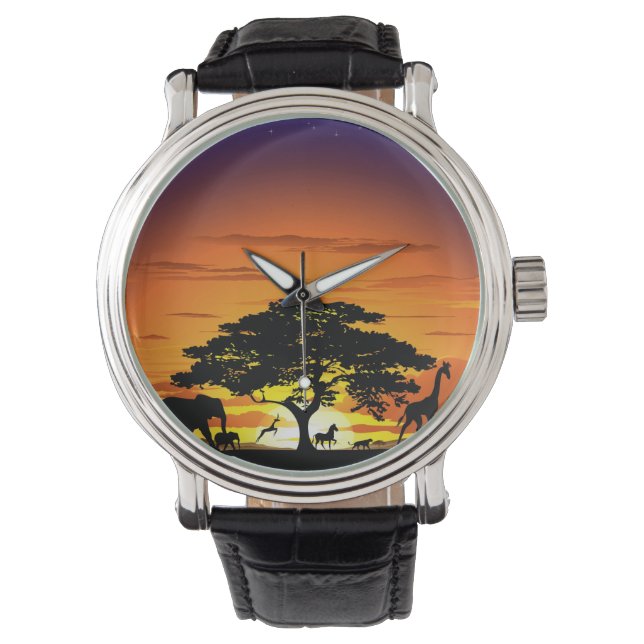 Wilde dieren op de Afrikaanse Savanna Sunset Horloge (Voorkant)