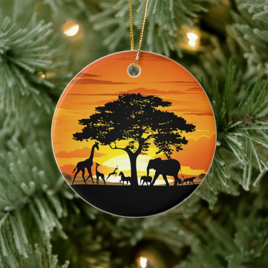 Wilde dieren op de Afrikaanse Savanna Sunset Keramisch Ornament (Boom)
