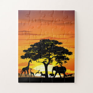 Wilde dieren op de Afrikaanse Savanna Sunset Legpuzzel