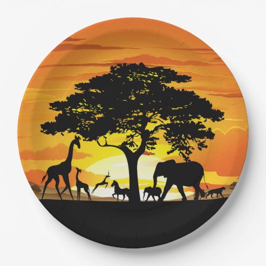 Wilde dieren op de Afrikaanse Savanna Sunset Papieren Bordje (Voorkant)