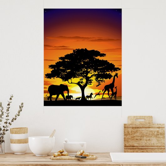 Wilde dieren op de Afrikaanse Savanna Sunset Poster (Keuken)