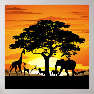 Wilde dieren op de Afrikaanse Savanna Sunset Poster