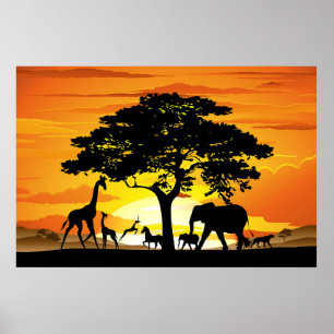 Wilde dieren op de Afrikaanse Savanna Sunset Poster
