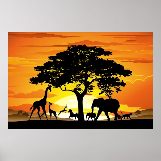 Wilde dieren op de Afrikaanse Savanna Sunset Poster (Voorkant)