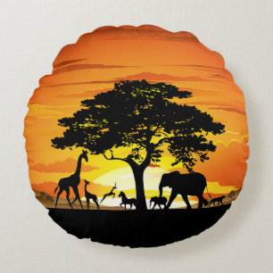 Wilde dieren op de Afrikaanse Savanna Sunset Rond Kussen