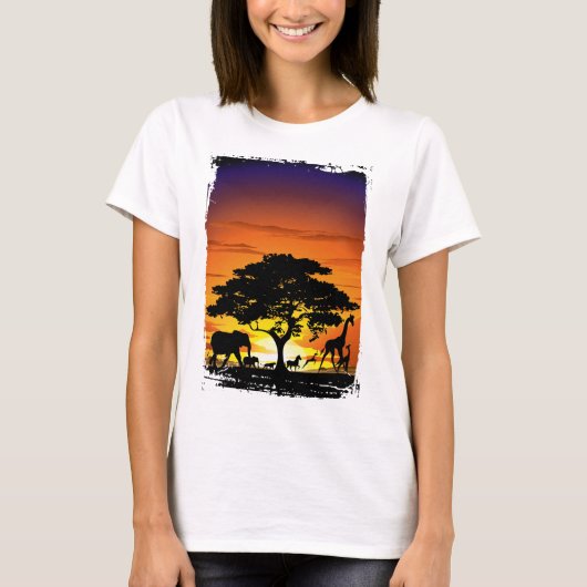 Wilde dieren op de Afrikaanse Savanna Sunset T-shirt (Voorkant)