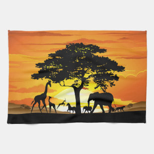 Wilde dieren op de Afrikaanse Savanna Sunset Theedoek