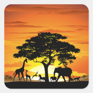 Wilde dieren op de Afrikaanse Savanna Sunset Vierkante Sticker