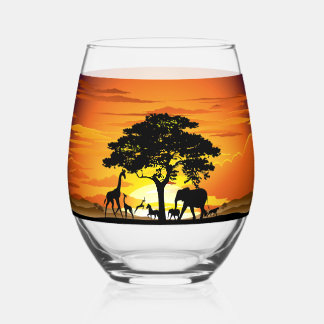 Wilde dieren op de Afrikaanse savanne zonsondergan Wijnglas Zonder Voet