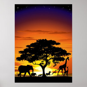 Wilde dieren op het Savannah Sunset-Poster Poster