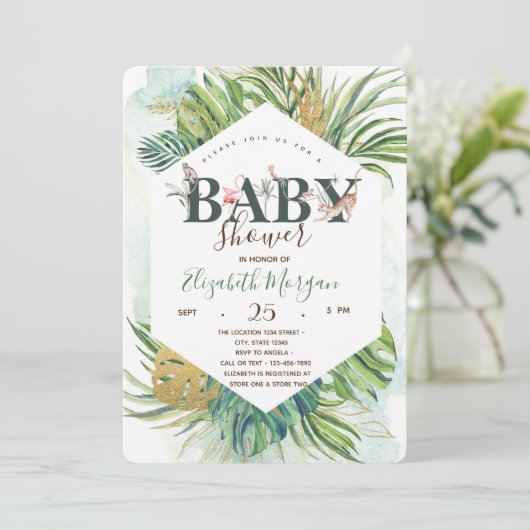 Wilde dieren palmbladeren Baby shower Kaart (Staand voorkant)