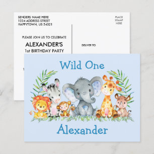Wilde Dieren Safari Verjaardagsuitnodiging Blauw Briefkaart