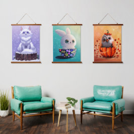 Wilde dieren schattig Bosdieren : Vos, Uil, & Koni Hangend Wandkleed