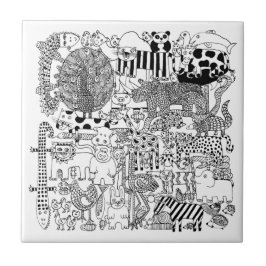 Wilde Dieren Zwart en Wit Handgetekende Kunst Tegeltje