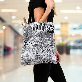 Wilde Dieren Zwart en Wit Handgetekende Kunst Tote Bag