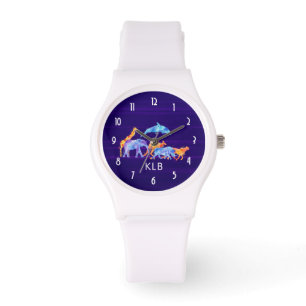 Wilde dierenkudde op Paarse Abstracte Monogram Horloge