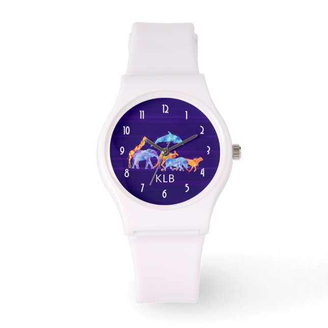 Wilde dierenkudde op Paarse Abstracte Monogram Horloge (Voorkant)