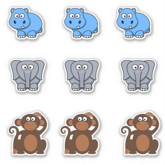 Wilde Dierlijke Hippo, Olifant, Aap Cartoon Sticker (Voorkant)