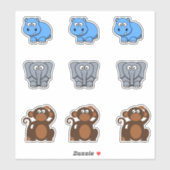 Wilde Dierlijke Hippo, Olifant, Aap Cartoon Sticker (Vel)